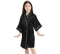 Girls Pjs 9-10 Years - Silk Satin Bathrobe Kimono Robes Nightgown Sleepwear Clothes (Black 11-12 Years)