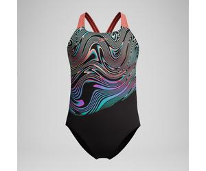 Girls Placement Powerback Swimsuit Black/Orange - 15-16 Neon Coral 15-16