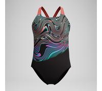 Girls Placement Powerback Swimsuit Black/Orange - 9-10 Neon Coral 9-10