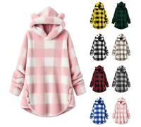 Girls Plaid Oversized Long Fleece Hoodie Sherpa Blanket Cat Hooded Pullover Sweater Baggy Casual Thick Cozy Sweatshirt Winter Warm Thick Fall Clothes for Kids Toddler (Wine, 10-11 Years)