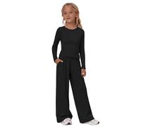 Girls Plain Active 2 Piece Tracksuit Co Ord, Long Sleeve Crew Neck Top, Flowy Wide Leg Trousers, Soft Comfort Separates for Girls Indoor Outdoor Daily Wear(Black, 10-11 Years)