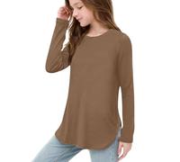 Girls Plain Shirt Long Sleeve Soft Stretchy Split Blouse Teen Kids School Casual Crew Neck Jumper Tops Clothes Summer Lightweight Comfy Tshirts (Brown, 11-12 Years)