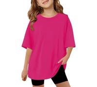 Girls Plain T Shirt Short Sleeve Summer Tops Kids Crew Neck Cotton Tshirt Oversized Solid Basic Tees Drop Shoulder Casual Loose Fit Blouse Teen Girl Spring Cute Clothes (Hot Pink #3, 15-16 Years)