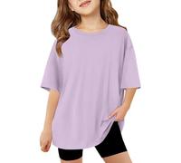 Girls Plain T Shirt Short Sleeve Summer Tops Kids Crew Neck Cotton Tshirt Oversized Solid Basic Tees Drop Shoulder Casual Loose Fit Blouse Teen Girl Spring Cute Clothes (Purple #1, 13-14 Years)