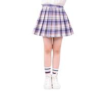 Girls' Pleated Plaid Mini Skirt Girl Skirts Skorts Outfits with Bowknot Long Sleeve Dress Pocket Purple