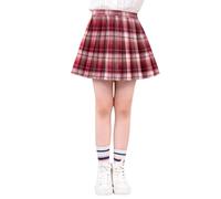 Girls' Pleated Plaid Mini Skirt Girl Skirts Skorts Outfits with Bowknot Long Sleeve Dress Pocket Red