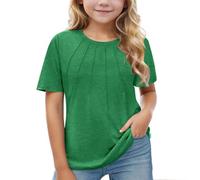 Girls Pleated T Shirt Crew Neck Short Sleeve Kids Loose Tunic Tee Solid Color Slim Fit Breathable Comfy Casual Top Fashion Lightweight Clothes (Green, 13-14 Years)