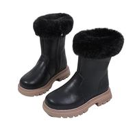 Girls Plush Boots Round Toed Mid Calf Shoes Faux Leather Boot Kids Side Zipper Riding Shoes Winter Comfy Outdoor Boot Warm Straight Boots Low Heeled Snow Booties Anti-Slip Walking Shoe