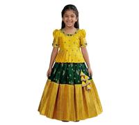 Girls Polyester Blend Lehenga Choli Set with White Buttons, Lemon, 6-7 Y
