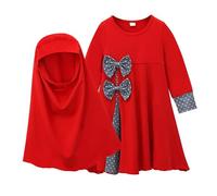 Girls Prayer Abaya with Hijab Attached Muslim Kids Jilbab Ramadan Dress with Polka Dot Bow Design Long Sleeve Full Length Robe Burka Maxi Dress for Eid Gifts and Community Iftar Dinners Red