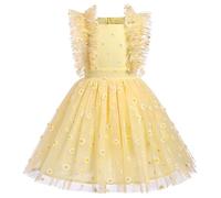 Girls Princess Dress Flower Girl Wedding Bridesamid Prom Ball Pageant Birthday Party Christmas Tutu Tulle Dresses Kids Floral Ruffle Sleeveless A-line Short Summer Casual Clothes Yellow Daisy 5-6Y