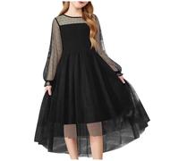 Girls Princess Dresses Swiss Dot Flared Long Sleeve High Waist A Line Princess Skater Party Dress Kids Contrast Mesh Long Dress Birthday Party Wedding Bridesmaid Girl Evening Dresses Black