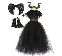 Girls Princess Maleficent Costume Fancy Evil Queen Halloween Cosplay Dress Up Handmade Knitted Tulle Dress with Horn and Wings Devil Witch Carnival Birthday Party Outfit