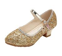Girls' Princess Shoes Glitter High Heels Ballet Shoes Cap Toes with Sequins Heel Shoes with Adjustable Buckle Dress Shoes Wedding Party Shoes Ballet Flats Sandals for Dress Party, gold, 10.5 UK Child