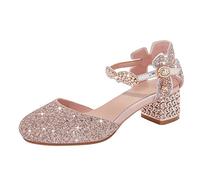 Girls Princess Shoes Sequins Sweet Bows ow Heels Wedding a y Dress Shoes Closed Toe Ankle Strap Ballet Shoe Dance Cosplay Christmas Festival Sandals (Pink, 2.5 Big Kids)