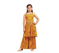 Girls' Printed Sleeveless Maxi Dress, Yellow and Red Ethnic Wear Mirror Lace Polyester Kurti Sharara Set, (UK, Age, 10 Years, 11 Years, Regular, Yellow)
