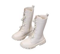 Girls PU Leather Boots Mid-Calf Knee High Boot Pearls Riding Boots Lace Up Zip Booties Round Toe Shoes Kids Boot Autumn Winter Shoe Childrens Waterproof Footwear Comfy Walking Bootie