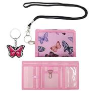 Girls Purse, Multiple Pockets Canvas Butterfly Pink Purse for Pocket Money Coins ID Cards, with 1 pcs Black Lanyard