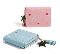 Girls Purse, PU Leather Purse, 2 Pcs Cute Wallet Set with Embroidery Hearts & Zip Tassel, Slim Short Wallet with Coin Pocket for Kids Teens Women Gift(Blue Pink)