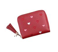 Girls Purse with Compartments, Cute Slim Short Small Kids Wallet with Embroidery Hearts, PU Leather Ladies Coins Pocket Purse with Tassel Zipper for Teens Girls Women (Red,4.17in)