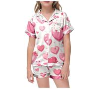 Girls' Pyjama Sets - Adorable Children Valentine's Day Printed Tee and Shorts Two-Piece Pajama Set for Little Girls Cozy Soft Sleepwear Nightwear Holiday Hearts Bedtime Bundle