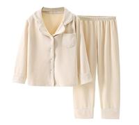 Girls Pyjamas Kids Boys Girls Soft Cotton Pajamas Set Teens Ribbed Button-Down Nightwear Set Long Sleeve Sleepwear with Pants 2PCS Cotton Pyjamas Kids Clothes (Beige, 9-10)