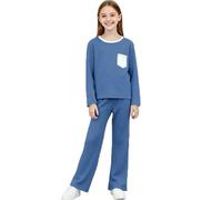 Girls Pyjamas Set 2 Pieces Comfy Loungewear, Long Sleeve Pullover & Wide Leg Bottoms Soft Pjs Nightwear Sleepwear Homewear Winter Warm Outfit Dark Blue 14 Years