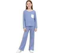 Girls Pyjamas Set 2 Pieces Comfy Loungewear, Long Sleeve Pullover & Wide Leg Bottoms Soft Pjs Nightwear Sleepwear Homewear Winter Warm Outfit Blue 14 Years