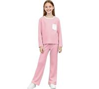 Girls Pyjamas Set 2 Pieces Comfy Loungewear, Long Sleeve Pullover & Wide Leg Bottoms Soft Pjs Nightwear Sleepwear Homewear Winter Warm Outfit Pink 11 Years