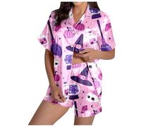 Girls' Pyjamas Set for Women, Pyjamas Two Piece Short Sleepwear Set with Button Placket, Turn-Down Collar, Leisure Suit, Comfortable, Short Sleeve Top and Pyjama Bottoms, Bathrobe, Printed Summer