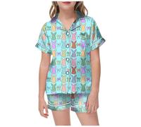 Girls Pyjamas Set - Girls Bow Tie Printed Lapel Short Sleeve Top Comfortable Shorts Pajamas Set Cute Buttons Designed Comfortable Breathable Home Wear