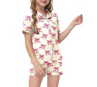 Girls Pyjamas Set Print Kid's Silk 2 Piece Pjs Short Sleeve Cotton Sleepwear Nightwear Soft Comfy Boys Satin Children Teens Beige