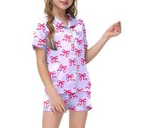 Girls Pyjamas Set Print Kid's Silk 2 Piece Pjs Short Sleeve Cotton Sleepwear Nightwear Soft Comfy Boys Satin Children Teens Purple