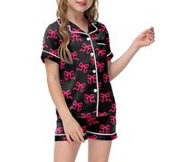 Girls Pyjamas Set Print Kid's Silk 2 Piece Pjs Short Sleeve Cotton Sleepwear Nightwear Soft Comfy Boys Satin Children Teens Black