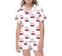 Girls Pyjamas Set Print Short Sleeve Satin Pjs Sets Summer Nightwear Cotton Sleepwear for Kids Button-Down Children Outfit Toddler Clothes Pink
