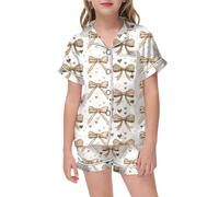 Girls Pyjamas Set - Puff 2 Piece Outfits for Girls Bow Printed Pajam Set Silk Lapel Button Down Short Sets Cute Preppy Clothing Sets 2-13Y