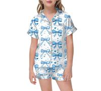 Girls Pyjamas Set - Puff 2 Piece Outfits for Girls Bow Printed Pajam Set Silk Lapel Button Down Short Sets Cute Preppy Clothing Sets 2-13Y