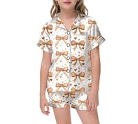 Girls Pyjamas Set - Puff 2 Piece Outfits for Girls Bow Printed Pajam Set Silk Lapel Button Down Short Sets Cute Preppy Clothing Sets 2-13Y