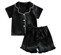 Girl's Pyjamas Set Solid Color Silk Children Outfit Turndown Collar Short Sleeve Shirts with Stretchy Drawstring Shorts Button Down Two Piece Pyjamas Sets Ruffle Girl Sleepwear Homewear Black