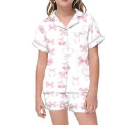 Girls Pyjamas Sets Sommer Button-Down Silky Nightwear Kawaii Cartoon Print Sleepwear Casual Tops Shirts Pants Kids Long Sleeve Pjs Short Children Teens Pink