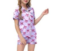 Girls Pyjamas Sets Sommer Short Sleeve Satin Pjs Comfortable Elegant Cotton Sleepwear Set for Kids Colorful Printed Children Teens Purple