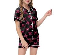 Girls Pyjamas Sets Sommer Short Sleeve Satin Pjs Comfortable Elegant Cotton Sleepwear Set for Kids Colorful Printed Children Teens Black