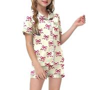 Girls Pyjamas Sets Sommer Short Sleeve Satin Pjs Comfortable Elegant Cotton Sleepwear Set for Kids Colorful Printed Children Teens Beige