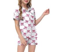 Girls Pyjamas Sets Sommer Short Sleeve Satin Pjs Comfortable Elegant Cotton Sleepwear Set for Kids Colorful Printed Children Teens White