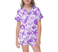 Girls Pyjamas Short Pjs Button-Down Silky Nightwear Kawaii Cartoon Print Sleepwear Animal Pj Shorts Set Soft Lounge Sets Boys Satin Ages 3 to 15 Years Old Purple