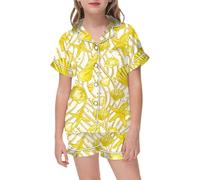 Girls Pyjamas Short Pjs Button-Down Silky Nightwear Kawaii Cartoon Print Sleepwear Animal Pj Shorts Set Soft Lounge Sets Boys Satin Ages 3 to 15 Years Old Yellow