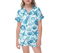 Girls Pyjamas Short Pjs Button-Down Silky Nightwear Kawaii Cartoon Print Sleepwear Animal Pj Shorts Set Soft Lounge Sets Boys Satin Ages 3 to 15 Years Old Blue
