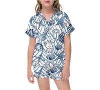 Girls Pyjamas Short Pjs Button-Down Silky Nightwear Kawaii Cartoon Print Sleepwear Animal Pj Shorts Set Soft Lounge Sets Boys Satin Ages 3 to 15 Years Old Dark Blue