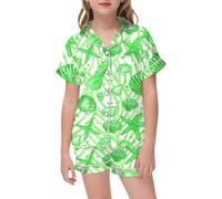 Girls Pyjamas Short Pjs Button-Down Silky Nightwear Kawaii Cartoon Print Sleepwear Animal Pj Shorts Set Soft Lounge Sets Boys Satin Ages 3 to 15 Years Old Green