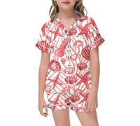 Girls Pyjamas Short Pjs Button-Down Silky Nightwear Kawaii Cartoon Print Sleepwear Animal Pj Shorts Set Soft Lounge Sets Boys Satin Ages 3 to 15 Years Old Pink